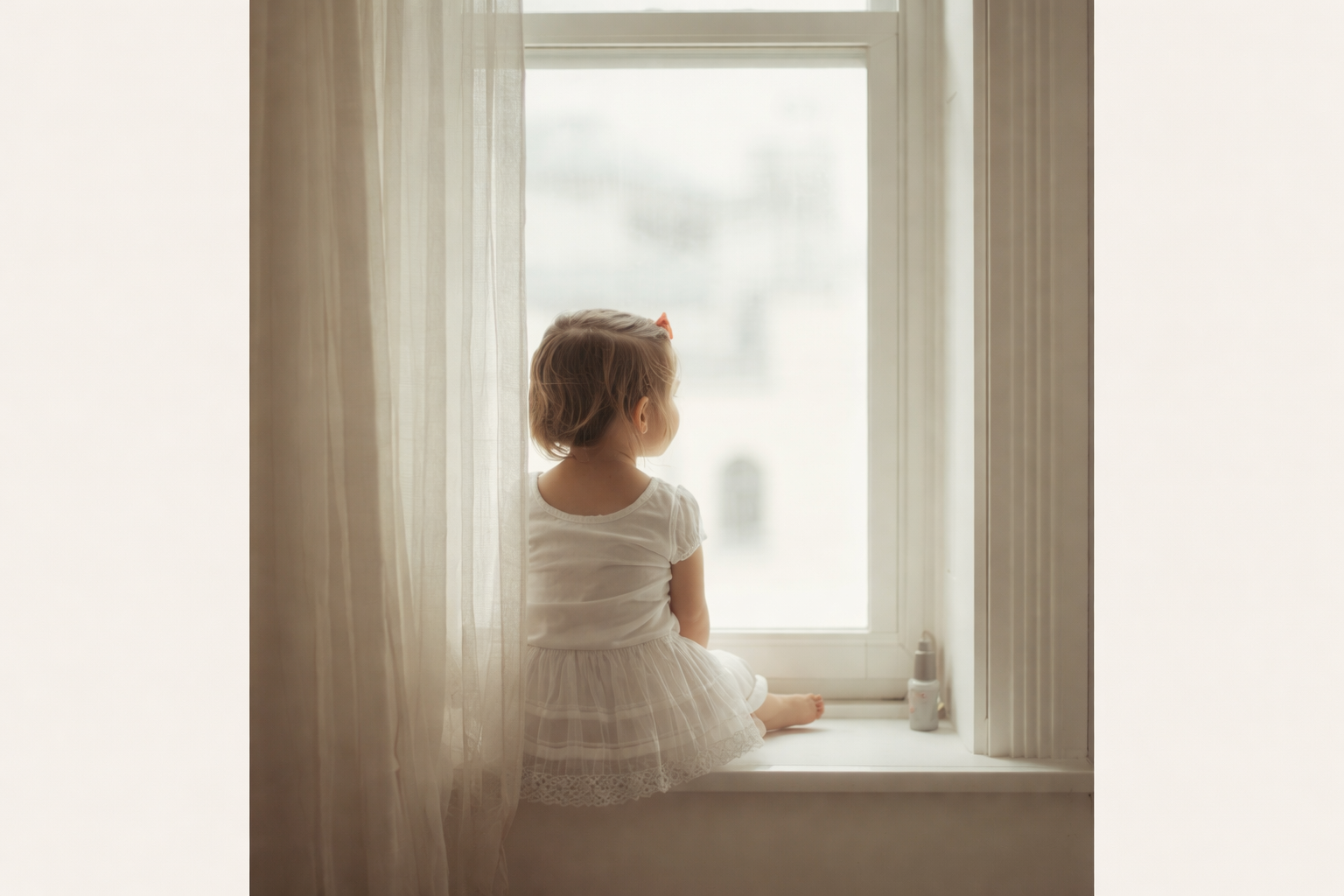 一名小女孩坐在窗邊，背對鏡頭望向窗外，畫面安靜而柔和。