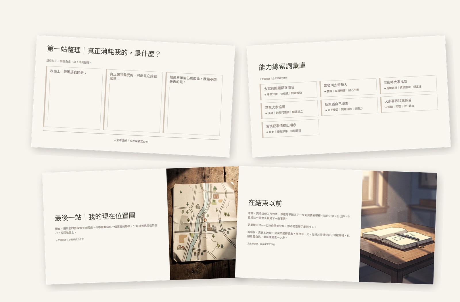 自我探索工作包書寫頁、能力線索與下一步整理內頁預覽